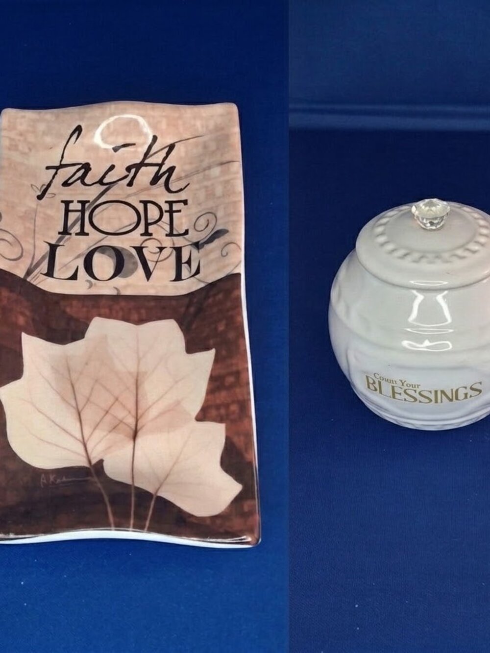 Vintage Faith Hope Love Tray & Count Your Blessings Jar Set/Religious Home Decor